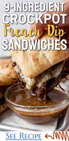 a close up of a sandwich on a plate with text that reads 9 ingredient crockpot french dip sandwiches