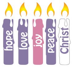 four candles with the words peace, love, and joy