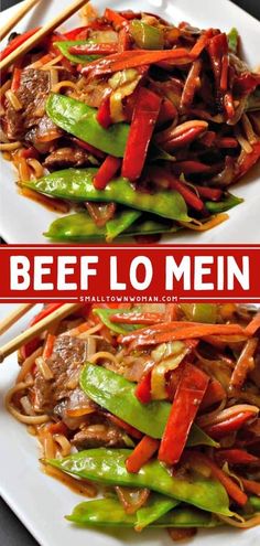 beef lo mein with vegetables and chopsticks on a white plate