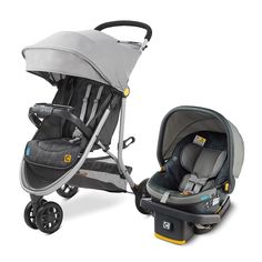 a baby stroller and car seat are shown in this image, both facing each other