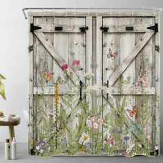 an old wooden door with flowers and butterflies on it shower curtain set size 70 h x 69 w