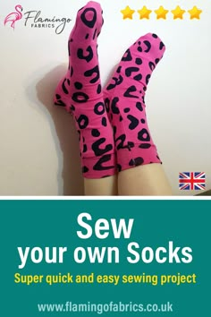 a pair of pink leopard print socks with the words sew your own socks super quick and easy sewing project