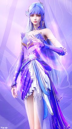 an anime character with blue hair and purple dress, holding her hands on her hips