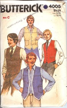 Butterick 4505  Men's Vest   Size C  The pattern is cut and in good condition.  The envelope is torn, most information is still visible. Mens Vest Pattern, Sheepskin Vest, Vest Sewing Pattern, Mens Vest Jacket, Men's Vests, Girls Dress Sewing Patterns, Mens Vests, Vest Pattern, Men's Vest