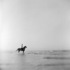 a person riding a horse in the ocean