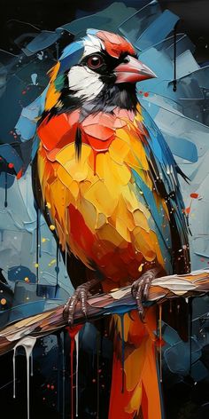 a colorful bird sitting on top of a wooden stick in front of paint drips