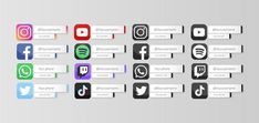 the different types of social media icons are shown in this image, including buttons and arrows