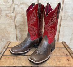 Ariat Women's West Bound Sable & Red Square Toe Cowgirl Boots 10040287 – Painted Cowgirl Western Store Square Toe Cowgirl Boots, Cowgirl Boots Square Toed, Red Cowboy Boots, Square Toe Western Boots, Bota Country, Heart Throb, Ariat Boots, Western Store, Boot Companies