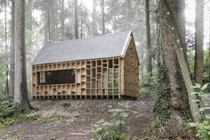 a small wooden house in the middle of a forest with trees and bushes around it