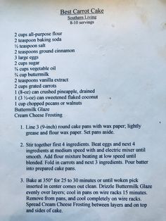 the recipe for best carrot cake is shown on a piece of white paper with black writing