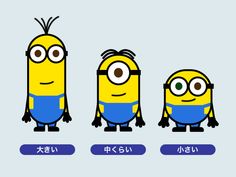 three minion characters with different expressions in the same language, one is blue and one is yellow