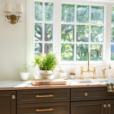 a kitchen sink under a window next to a counter top with plants in pots on it