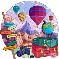 there are many different types of luggage on the ground with balloons in the sky behind them