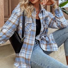 Blue White And Brown Women’s Flannel Sweater Flannel Shirts For Women, Fall Clothes For Women, Plaid Shirt Women, Womens Flannel Shirt, Flannel Shirts, Women's Button Down Shirt, Fall Clothes, Loose Shirts, Plaid Flannel Shirt