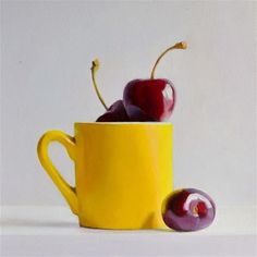 a painting of two cherries in a yellow cup