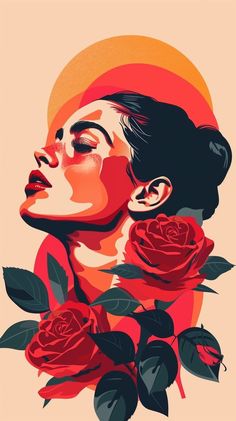 a woman's face with red roses in front of her and the sun behind her