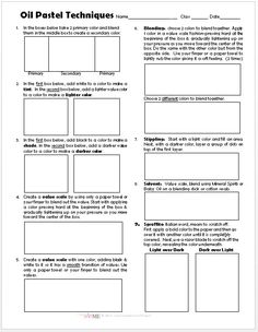 the worksheet for oil pastel techniques is shown in black and white, with two