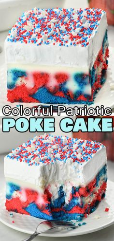 two pieces of patriotic cake on plates with the words, colorful patriotic poke cake