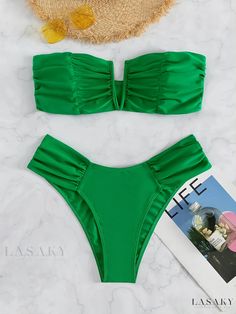 Lasaky - Elegant Emerald Bandeau Bikini Set, V Neck Strapless Tube Top with High Cut Bottoms - 2 Piece Swimsuit Ensemble for Women, Perfect for Stylish Swimwear & Fashion Green Bandeau Stretch Tankini, Green Bandeau Tankini With Stretch, Green Stretch Bandeau Tankini, Green Strapless Swimwear For Beach Party, Green Strapless Party Swimwear, Green Strapless Swimwear For Party, Green Strapless Stretch Swimwear, Strapless Green Swimwear For Pool, Strapless Green Tankini For Swimming