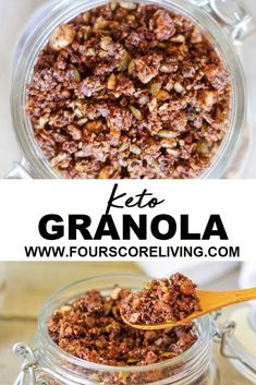 granola in a glass jar with a wooden spoon next to it and text overlay that reads keto granola