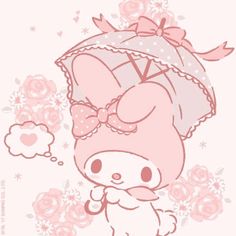 a cute little bunny holding an umbrella over her head with pink flowers in the background