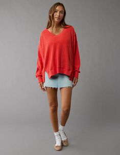 AE Big Hug V-Neck Waffle Sweatshirt