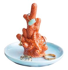 a blue plate topped with a coral sculpture and two gold rings on top of it