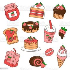 different types of desserts and drinks on a white background royalty free stock photo, clip art, food illustrations, strawberry shortcake, ice cream, cake shop, sweeteneries, person, cup, cartoon design, cute, sweets, candy bar