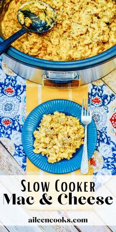 slow cooker macaroni and cheese recipe on a blue plate with spoons