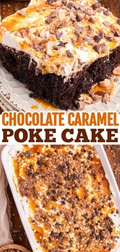 chocolate caramel poke cake on a plate