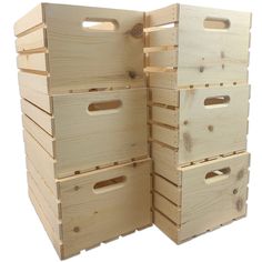 several wooden crates stacked on top of each other with holes in the lids and sides