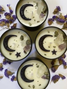 "These lovely scented \"waxing moon\" candles are made with real wax moons and stars. They are adorned with amethyst, quartz and shiny \"star\" chalcopyrite and pyrite. Size: 4oz in tin with lid Diameter: 2.5\" Height: 2\" No two candles are alike. The stones in your unique custom candle will vary. Please view the photos carefully. For wedding and party decor, and gifts, I will gladly work with your color theme and particulars for bulk orders. Please email me first with your quantity and your vi Witchy Products To Sell, Candle Making Decoration, Candle Art Ideas, Intention Candles Diy, Crystal Themed Wedding, Handmade Candles Ideas, Witchy Crafts To Sell, Unique Candle Making Ideas, Star Candles