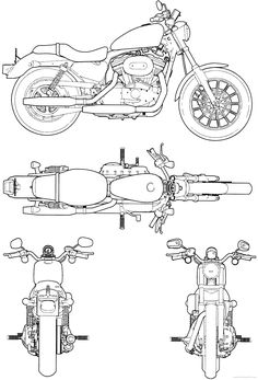 the motorcycle is shown in three different views