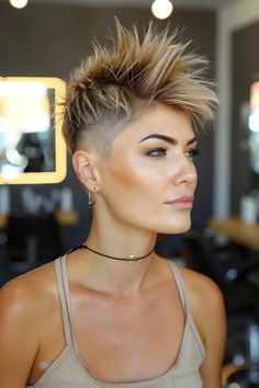 Woman with spiky, asymmetrical short blonde haircut and undercut, wearing a choker and tank top in a salon.