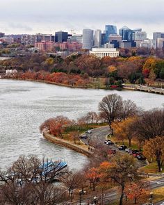 an aerial view of a city with trees and water in the foreground, surrounded by fall foliage