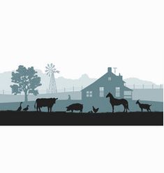 the silhouettes of farm animals are in front of a house with windmill and trees