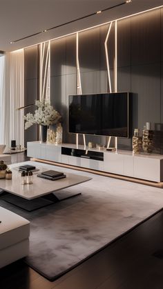 a living room with modern furniture and lighting