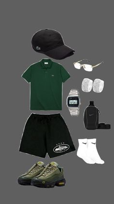 a man's clothing and accessories are laid out on a gray background, including shoes, watch, sunglasses, cap, baseball cap