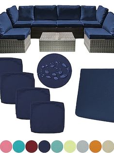 an image of outdoor furniture set with blue cushions and matching color swatches to choose from