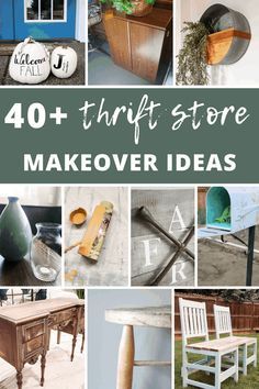 the words 40 thrift store makeover ideas are shown in this collage with photos of