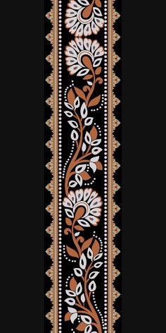 a black and orange striped design with white flowers on the bottom, in an ornate pattern