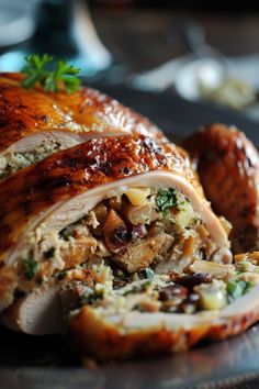 a close up of a sliced turkey on a plate with parsley sprigs