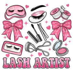 the words lashes, makeup and eyeliners are shown in pink letters with bows