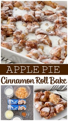 apple pie cinnamon roll bake with icing on top and in the background, there is