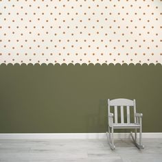 Dotty Scallops Green - Forest Green Scalloped Edge with Terracotta Dots Wallpaper Mural with Baby Chair Green Scalloped Wall, Sage Green Scalloped Wall, Green Scallop Wall Nursery, Scallop Edge Wall, Green Scallop Wall, Seaside Wallpaper, Girls Bedroom Wallpaper, Kindergarten Wallpaper, Tree Wall Murals