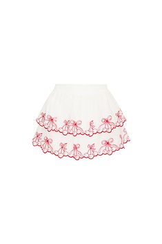 Feeling flirty in the Amparo Skirt. A sister to our iconic Ruffle Mini Skirt, this sweet mini arrives with organic cotton fabric featuring scalloped cherry embroideries on the ruffle tiers. The elasticated waistband and double lining offers flexibility in comfort and styling. Tiered ruffles exude effortless femininity. Trendy Ruffle Skirt, Loveshackfancy Ruffle Skirt, Feminine White Skirt With Floral Embroidery, Relaxed Cotton Skirt With Embroidery, Cotton Embroidered Skirt With Relaxed Fit, Embroidered Cotton Mini Skirt For Summer, Feminine Cotton Skirt With Ruffle Hem, Flowy Cotton Skirt With Floral Embroidery, Embroidered Cotton Flowy Skirt