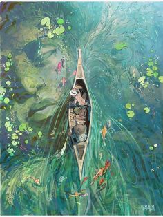 a painting of a man in a canoe floating on top of water with lily pads