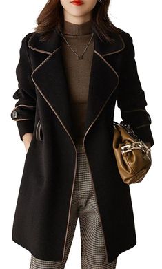 PRICES MAY VARY. Classy office work pea coat/ Lightweight wool blend trench coat/ Dressy elegant fall winter long jacket Simple but trend-on: women lightweight notched collar woolen overcoat outwear Features: belt closure, turn-down lapel collar, open front cardigan style midi jacket, 2 side pockets, above the knee length, classic hem color contrast Versatile work office style trench coat: tailored collar business style trench coat for women/fall camel midi jacket coat for women/women black tren Woolen Coat Winter, Long Outerwear, Long Peacoat, Black And Khaki, Chic Outerwear, Middle Age Fashion, Peacoat Jacket, Fall Coat, Style Noir