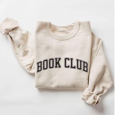 Book Club Sweatshirt, Cute Books Lover Sweatshirt, Gift for Librarian, Books Lover Teacher Gifts, Bookish Sweatshirt, Librarian Sweatshirt  ♥ WHY YOU WILL LOVE YOUR SWEATSHIRT ♥ * Unique cute gift for everyone that is incredibly easy and stress-free to order & receive * Softest quality 50% cotton, 50% polyester with loose fit that runs true to size (unisex) * Extreme comfort with no bulky side seams for great shape and fit that lasts * Collar is ribbed knit, so it retains its shape even after wa Bookish Sweatshirt With Letter Print And Crew Neck, Bookish Cotton Sweatshirt With Letter Print, White Bookish Sweatshirt With Letter Print, Cotton Letter Print Bookish Sweatshirt, Literary Long Sleeve Tops With Letter Print, Literary Tops With Letter Print For School, Literary Style Tops With Letter Print For School, Literary Long Sleeve Cotton Tops, Bookish Long Sleeve T-shirt With Letter Print