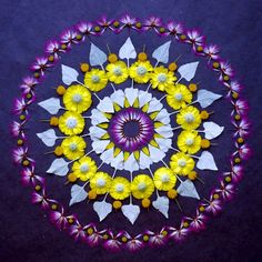 a circular design made out of flowers on a purple surface with white and yellow petals